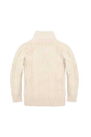 Back view of an ivory organic cotton mock neck cable sweater featuring a traditional cable knit design. Suitable for boys in sizes 2T to 18/20, offering soft and breathable comfort.