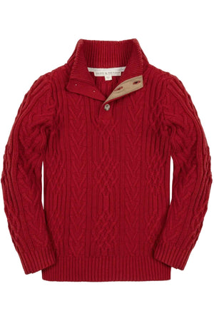 A vibrant red mock neck cable sweater features intricate textured knitting and a stylish buttoned collar. Made from 100% organic cotton, its perfect for boys aged 2T to 18/20.