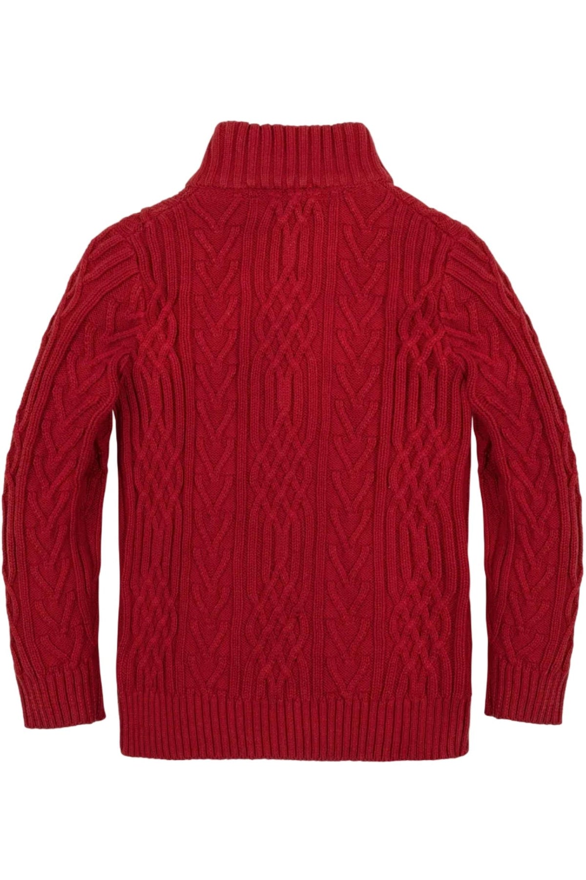 Back view of a red organic cotton mock neck cable sweater featuring a textured knit pattern, designed for boys in sizes 2T to 18/20. Ideal for cool weather occasions.