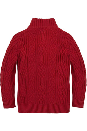 Back view of a red organic cotton mock neck cable sweater featuring a textured knit pattern, designed for boys in sizes 2T to 18/20. Ideal for cool weather occasions.