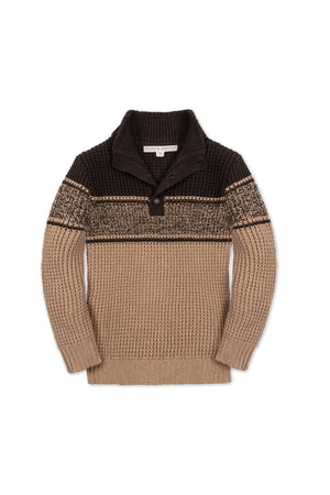 A classic boys mock neck sweater featuring a textured waffle knit in camel and chocolate colors, crafted from 100% organic cotton for comfort and sustainability. Perfect for everyday wear.