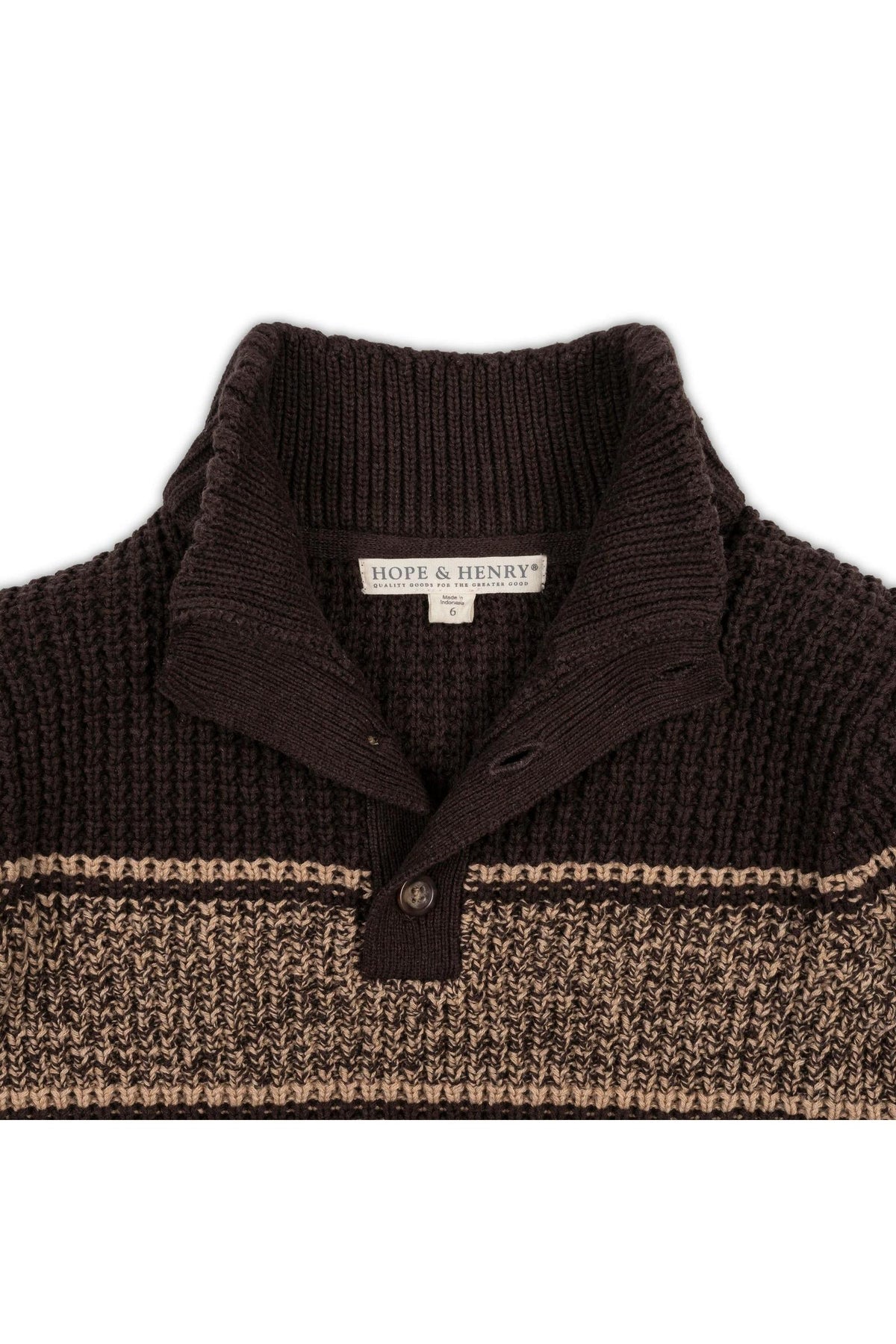 A close-up of a brown mock neck waffle sweater featuring a textured knit pattern and a contrasting camel stripe. The label reads HOPE & HENRY, emphasizing its quality and style.