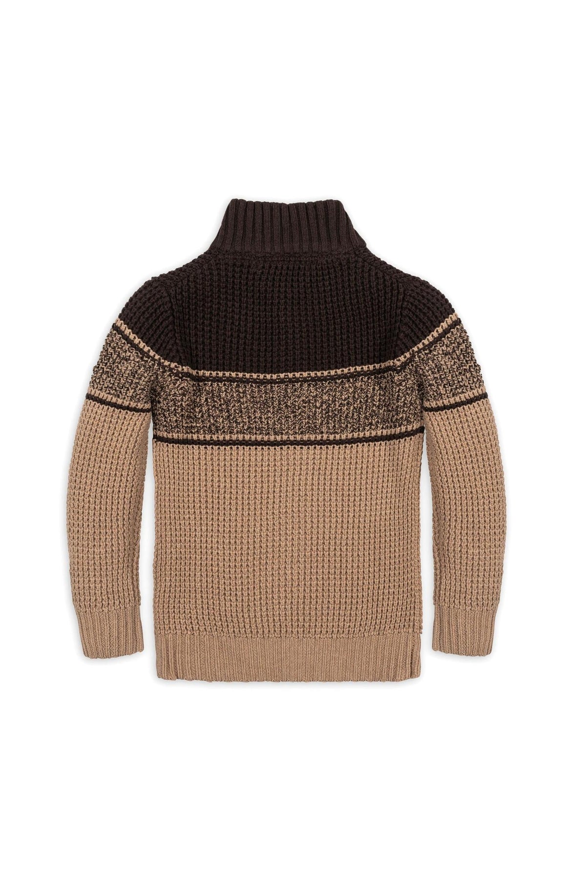 Back view of a classic mock neck waffle sweater in camel and chocolate colors, featuring textured knit patterns and ribbed cuffs, made from 100% organic cotton for boys sizes 2T.