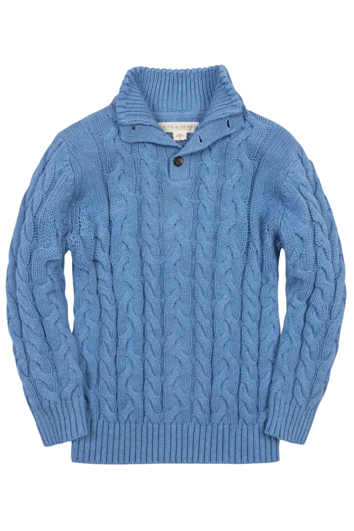 A medium blue organic cotton mock neck cable sweater features a textured cable knit design and ribbed trim. This cozy sweater is suitable for children aged 2T to 18.