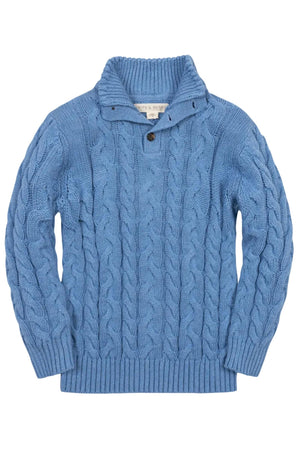 A medium blue organic cotton mock neck cable sweater features a textured cable knit design and ribbed trim. This cozy sweater is suitable for children aged 2T to 18.
