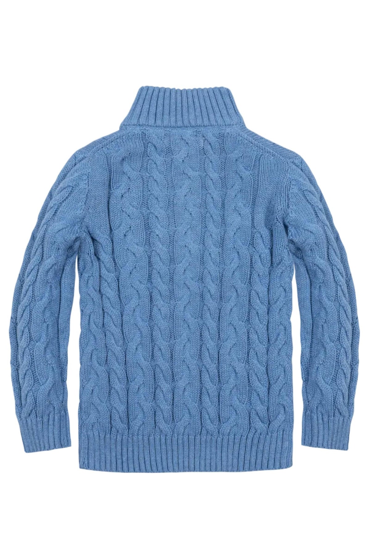 Back view of a medium blue organic cotton mock neck sweater featuring a textured cable knit design. The sweater is designed for children and showcases a cozy, stylish look.