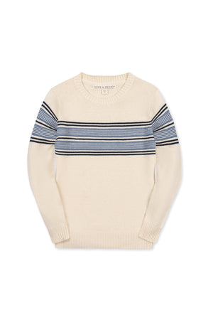 Organic cotton crewneck sweater in ivory, featuring sporty blue and navy stripes. Designed for boys aged 2T to 18/20, this soft, sustainable piece offers comfort and style.