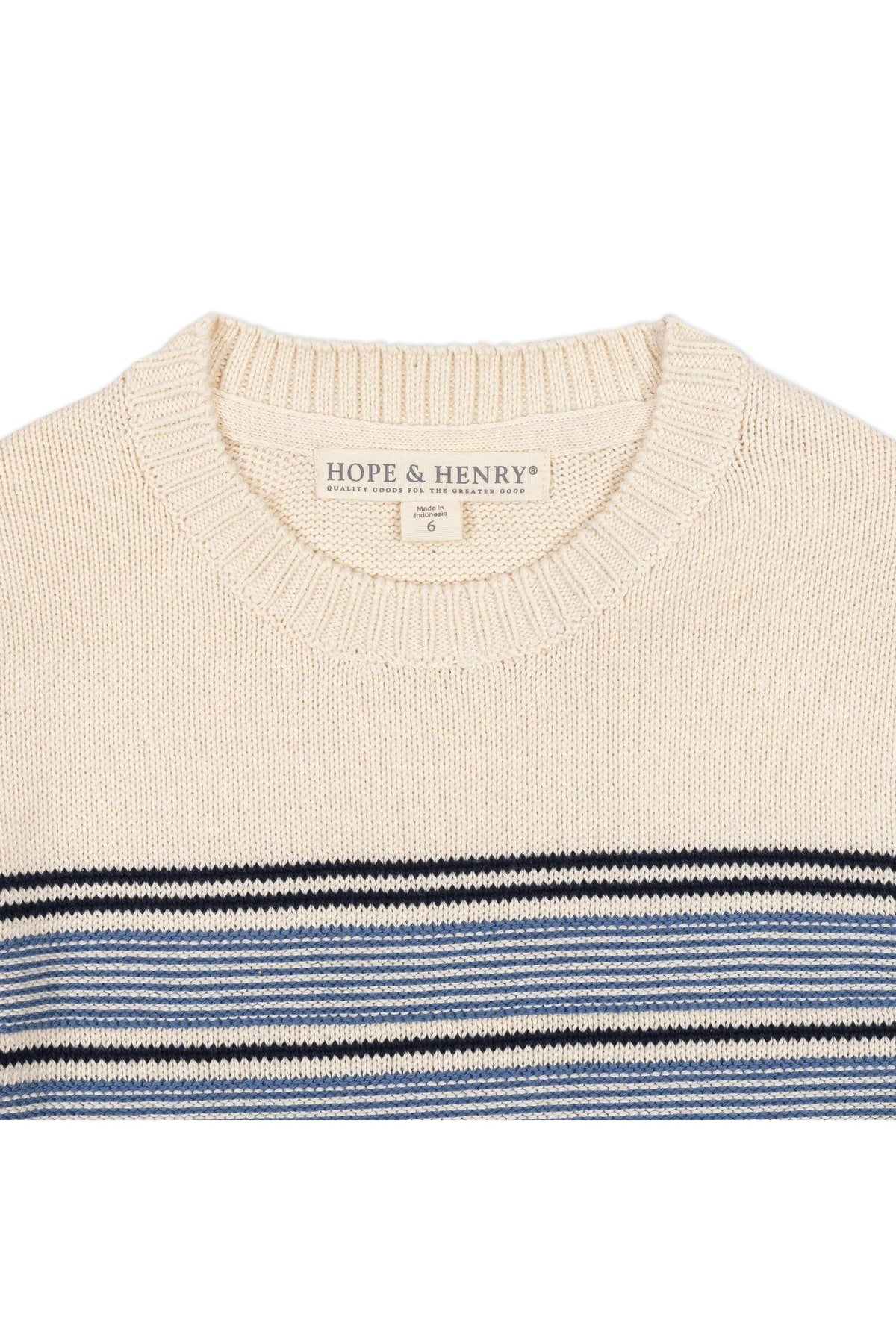 Organic cotton crewneck sweater in ivory with sporty blue and black stripes. Designed by Hope & Henry, this soft, sustainable piece is perfect for boys aged 2T to 18/20.