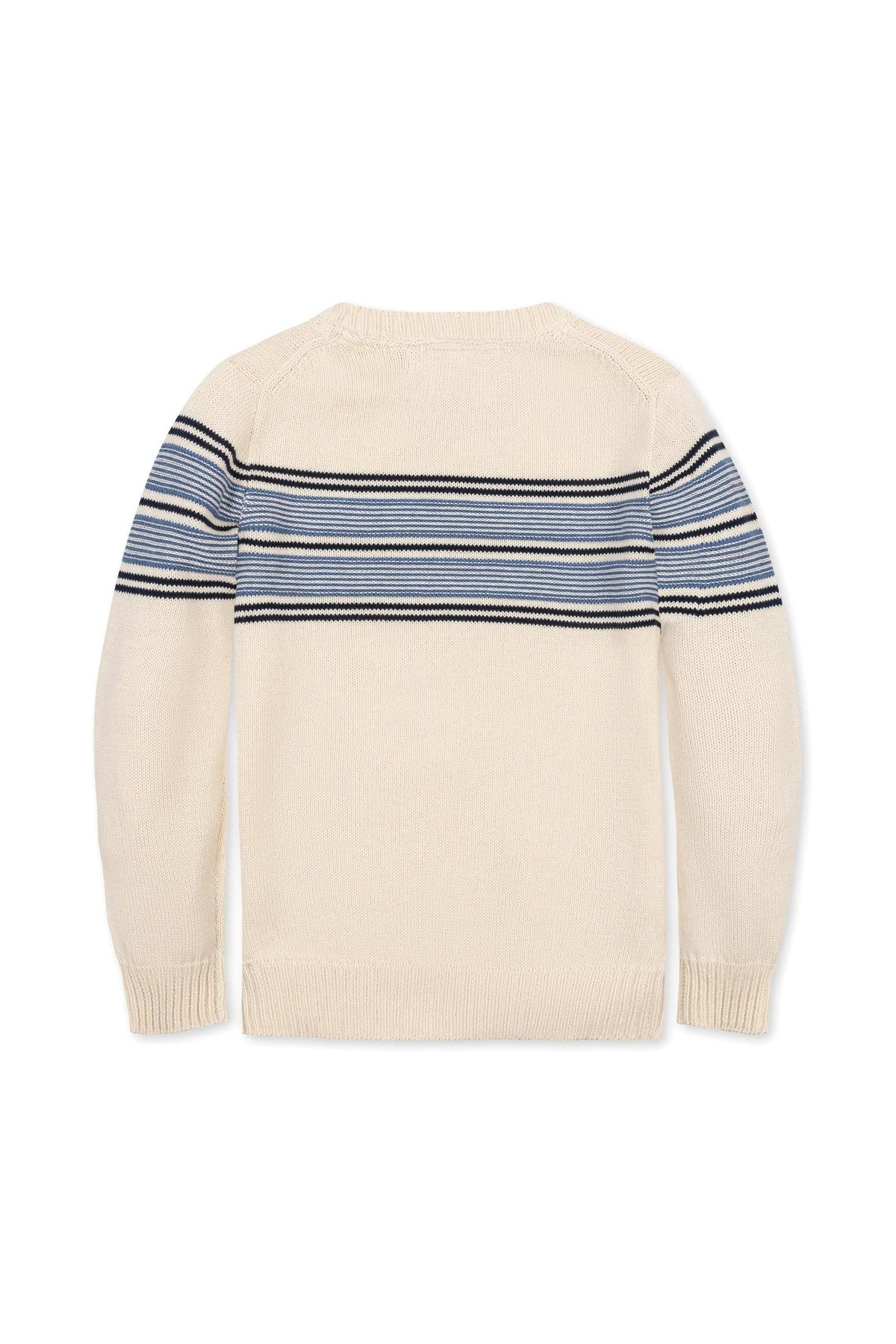 Back view of an organic cotton crewneck sweater featuring sporty ivory fabric with navy and blue stripes.