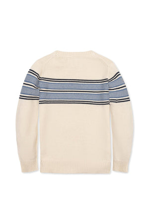 Back view of an organic cotton crewneck sweater featuring sporty ivory fabric with navy and blue stripes.