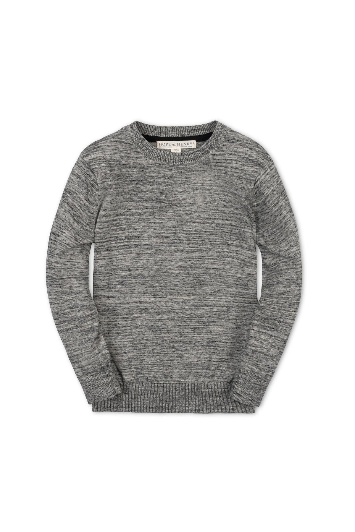 A gray crewneck sweater made from 100% organic cotton, featuring a classic design with ribbed cuffs and hem. It is suitable for boys ages 2T to 18/20, offering breathable comfort.