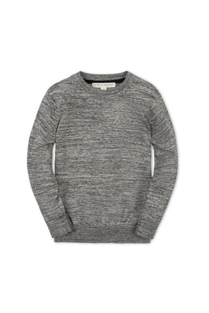 A gray crewneck sweater made from 100% organic cotton, featuring a classic design with ribbed cuffs and hem. It is suitable for boys ages 2T to 18/20, offering breathable comfort.