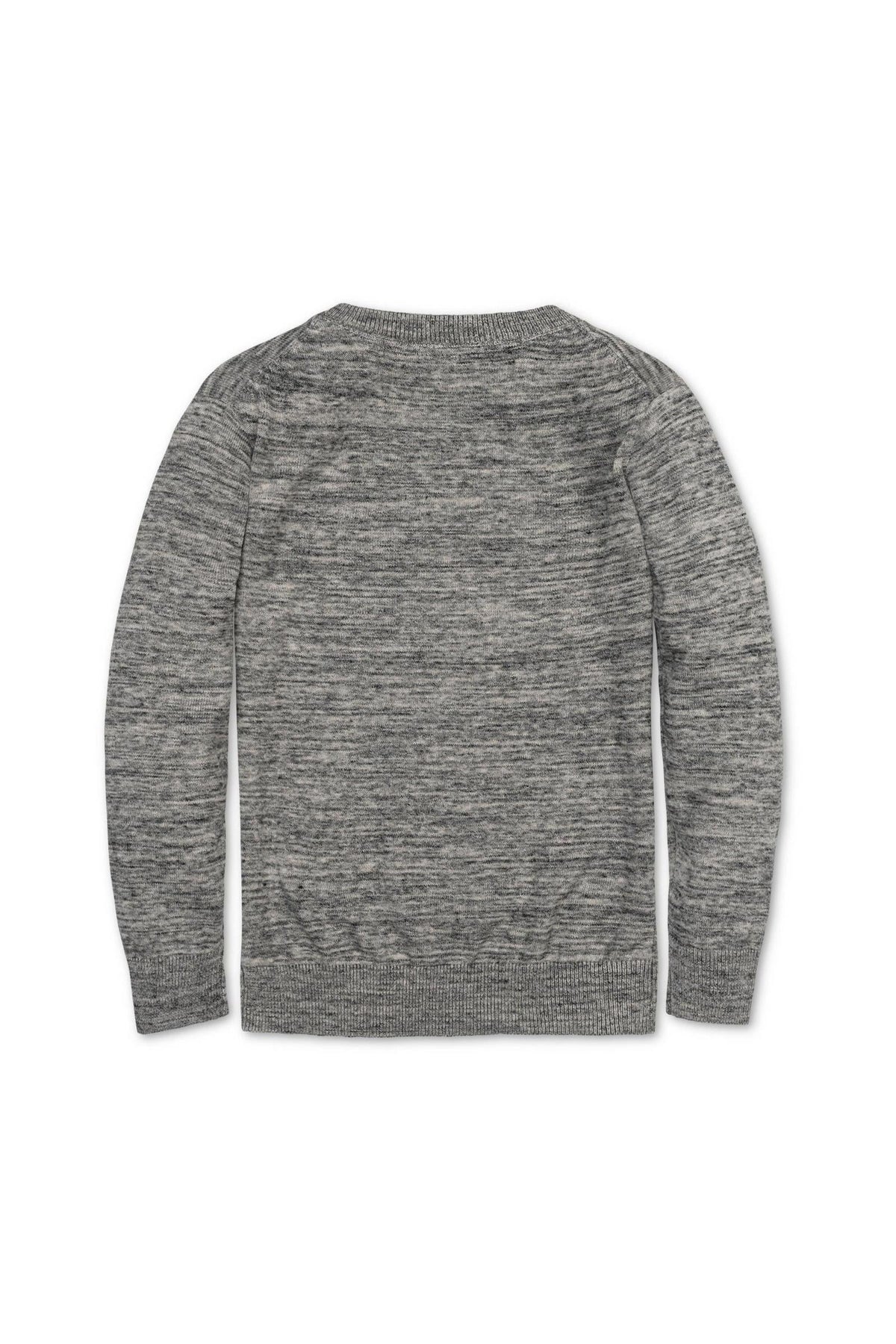 Back view of a gray organic cotton crewneck sweater for boys, featuring a soft, textured knit design.