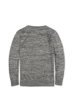 Back view of a gray organic cotton crewneck sweater for boys, featuring a soft, textured knit design.
