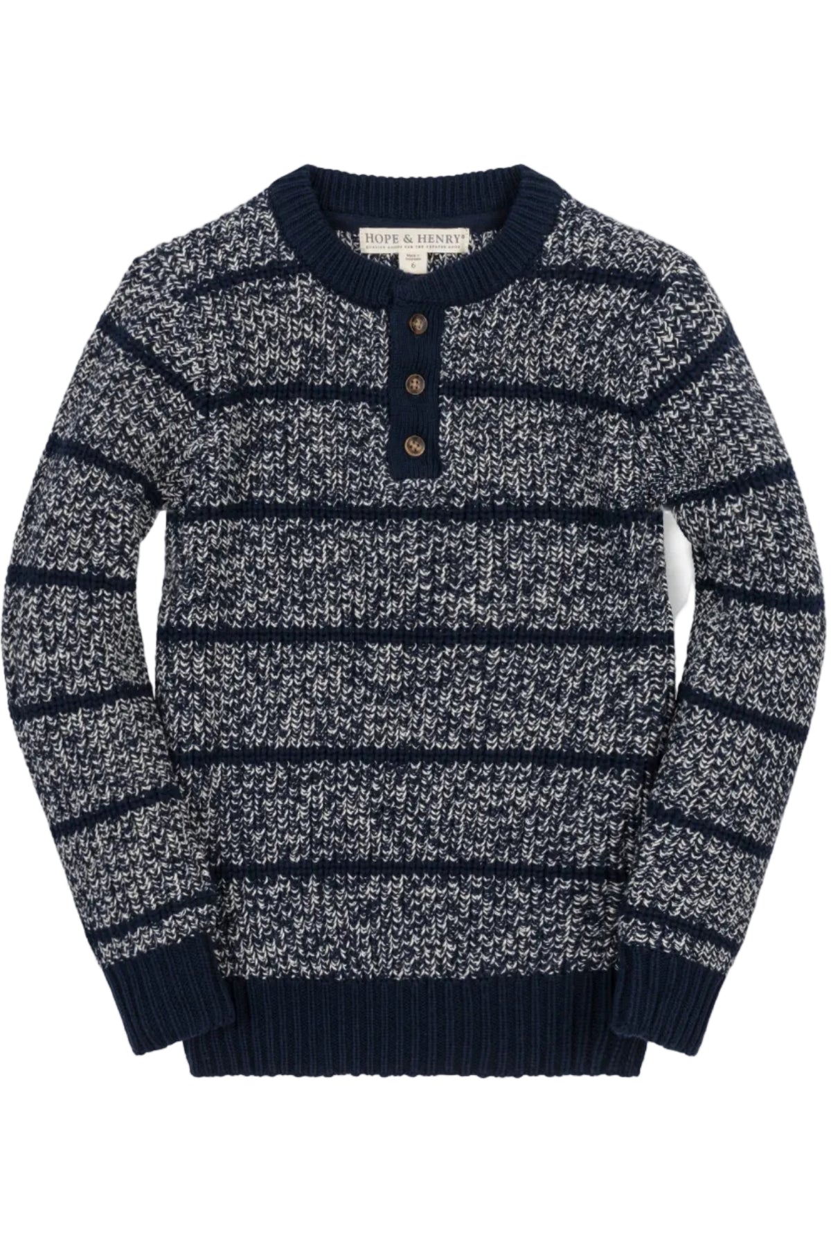 Navy and cream striped henley sweater featuring a button-up neckline. Made from soft organic cotton, it is designed for boys aged 2T to 18/20, ensuring comfort and style.