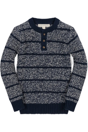 Navy and cream striped henley sweater featuring a button-up neckline. Made from soft organic cotton, it is designed for boys aged 2T to 18/20, ensuring comfort and style.