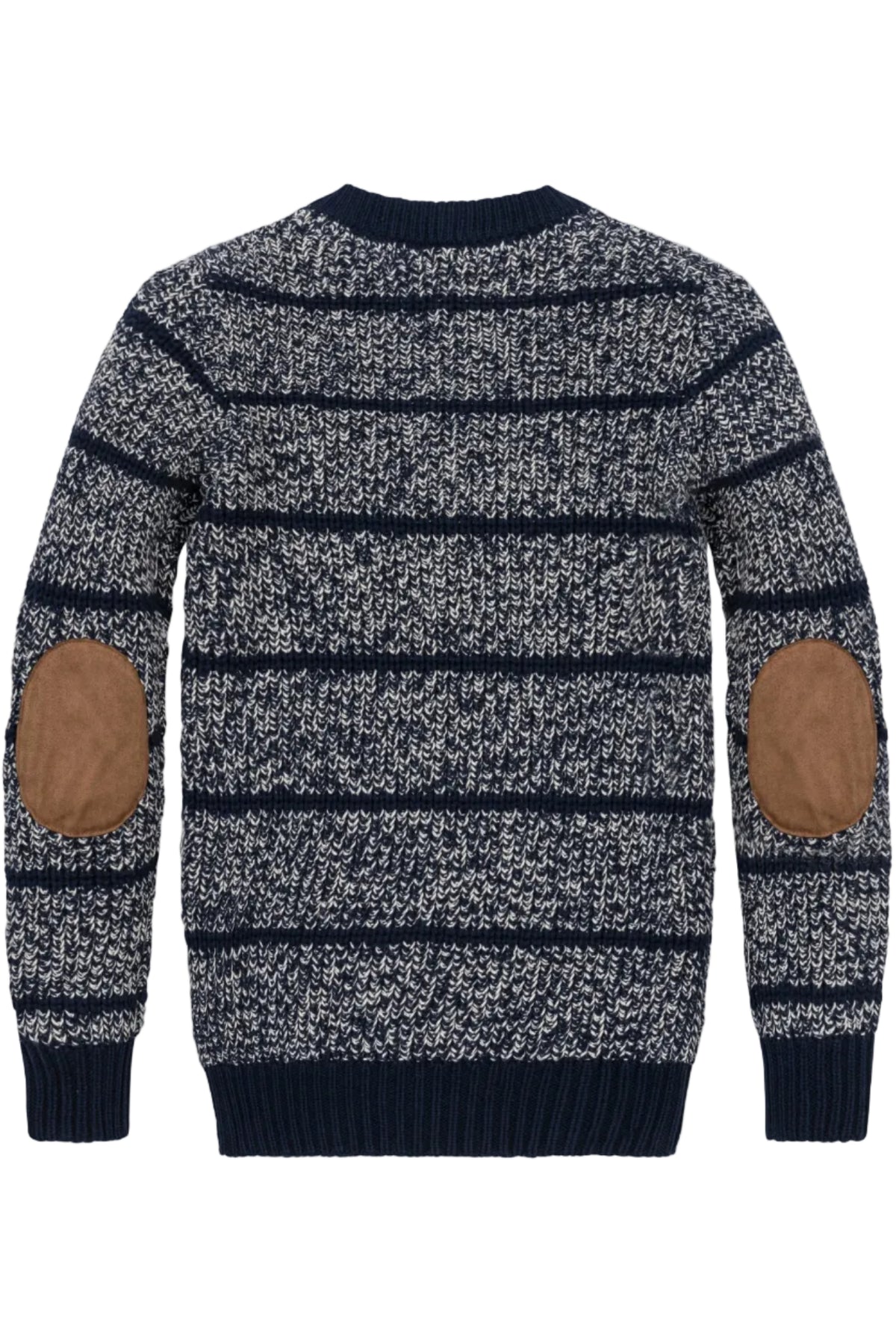 Navy organic cotton sweater featuring a textured knit design with faux suede elbow patches. The back displays a classic striped pattern, suitable for boys aged 2T to 18/20.