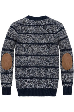 Navy organic cotton sweater featuring a textured knit design with faux suede elbow patches. The back displays a classic striped pattern, suitable for boys aged 2T to 18/20.
