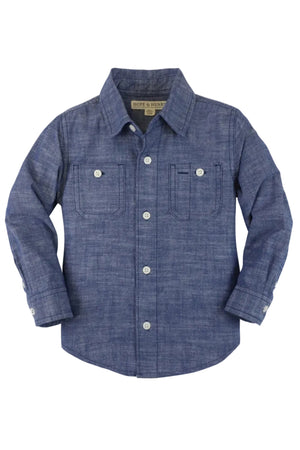 A classic boys chambray button-down shirt in a rich blue hue, featuring two front pockets and white buttons. Made from 100% organic cotton, its perfect for everyday wear.