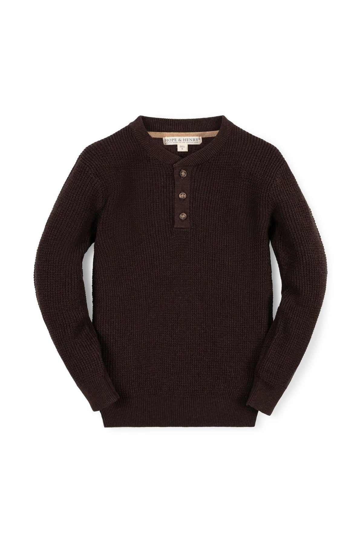 A chocolate brown henley sweater made from 100% GOTS certified organic cotton, featuring a textured knit and three-button placket, perfect for boys aged 2T to 18/20.