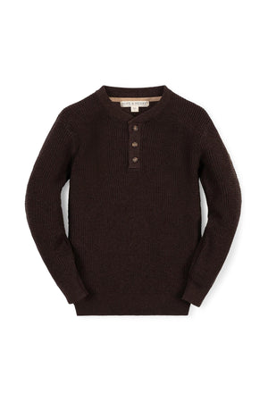 A chocolate brown henley sweater made from 100% GOTS certified organic cotton, featuring a textured knit and three-button placket, perfect for boys aged 2T to 18/20.