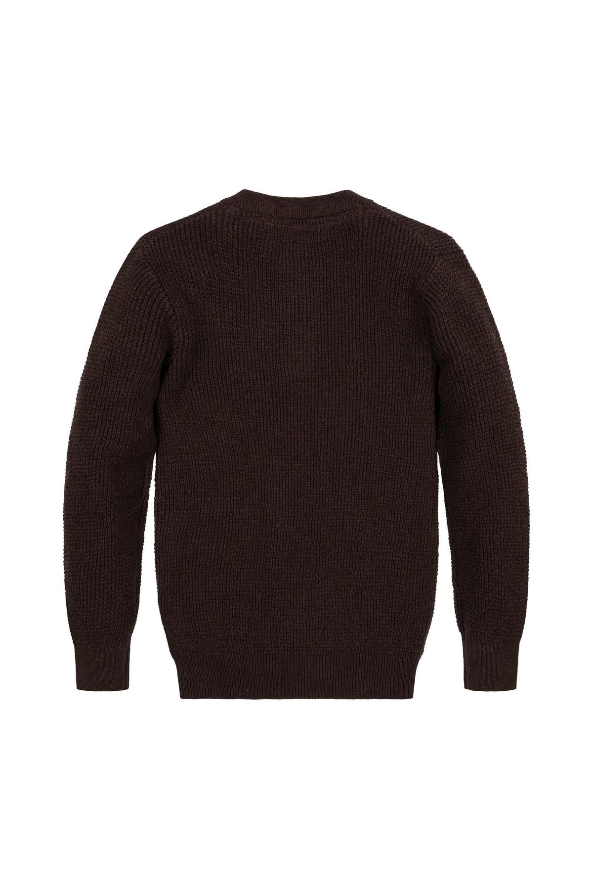 Back view of a chocolate brown organic cotton sweater henley, featuring a textured knit design. This cozy piece is suitable for boys sizes 2T to 18/20, emphasizing sustainable fashion.