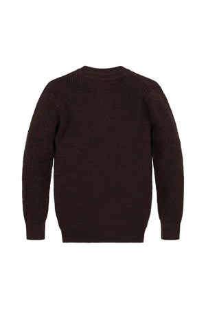 Back view of a chocolate brown organic cotton sweater henley, featuring a textured knit design. This cozy piece is suitable for boys sizes 2T to 18/20, emphasizing sustainable fashion.