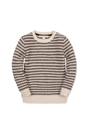 A striped crewneck sweater in chocolate and tan hues, crafted from 100% GOTS Certified organic cotton. This cozy garment is designed for boys, available in sizes 2T to 18/20.