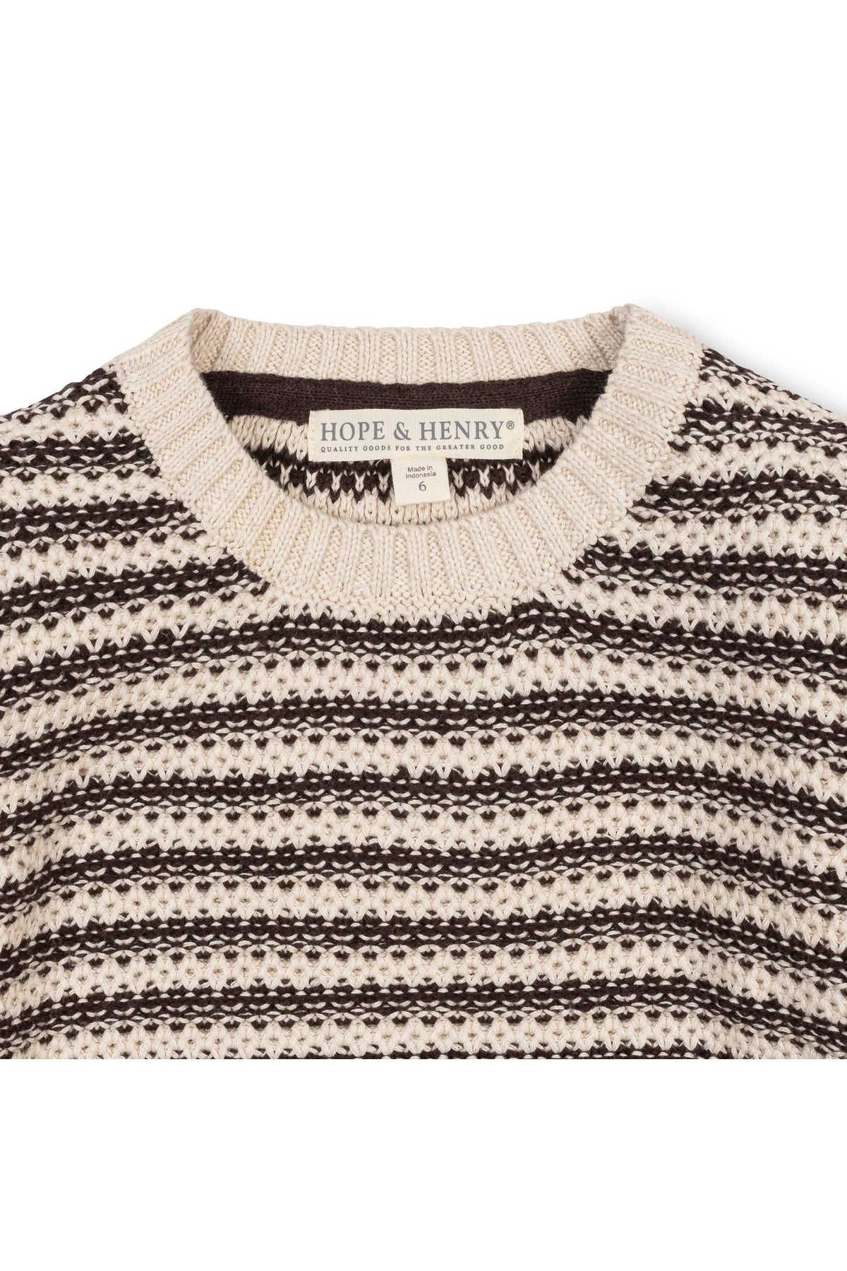 Close-up view of a Hope & Henry crewneck sweater featuring alternating chocolate and tan stripes.
