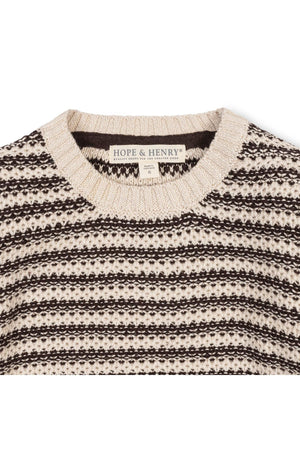 Close-up view of a Hope & Henry crewneck sweater featuring alternating chocolate and tan stripes.