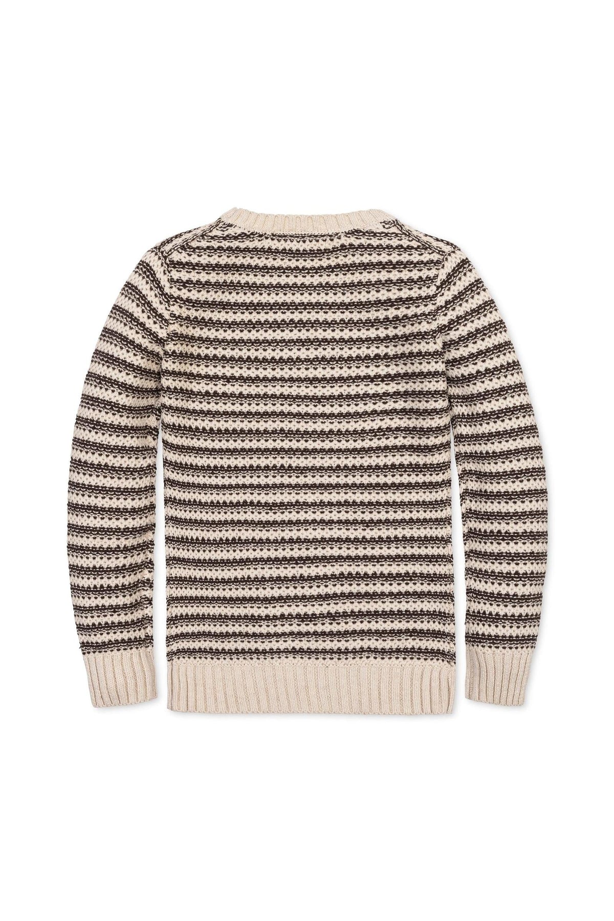 Back view of a striped crewneck sweater in warm chocolate and tan tones, made from 100% organic cotton, suitable for boys sizes 2T to 18/20. Features a cozy, breathable design.