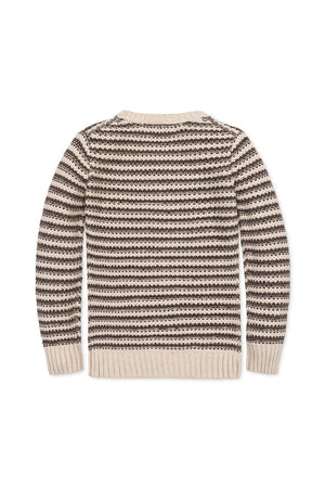 Back view of a striped crewneck sweater in warm chocolate and tan tones, made from 100% organic cotton, suitable for boys sizes 2T to 18/20. Features a cozy, breathable design.