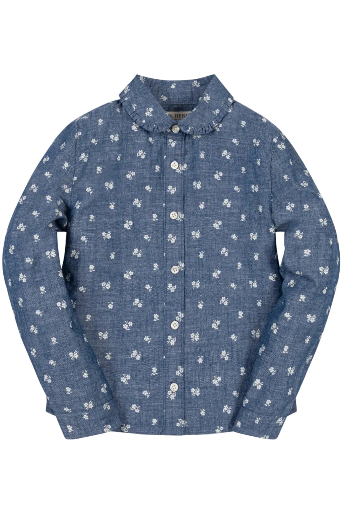 A classic chambray top featuring a Peter Pan collar and delicate white floral patterns, made from 100% GOTS Certified organic cotton, perfect for toddlers and girls.