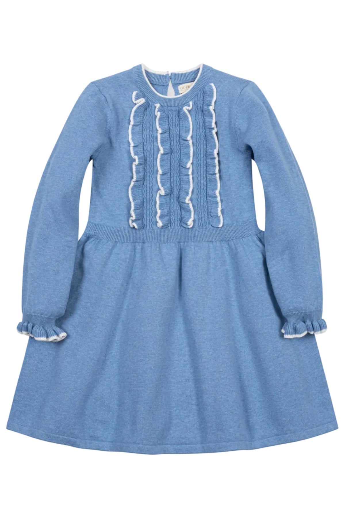A medium blue organic cotton sweater dress features a ruffled bodice and cuffs, with a full skirt and keyhole closure at the back. Perfect for toddlers and kids.