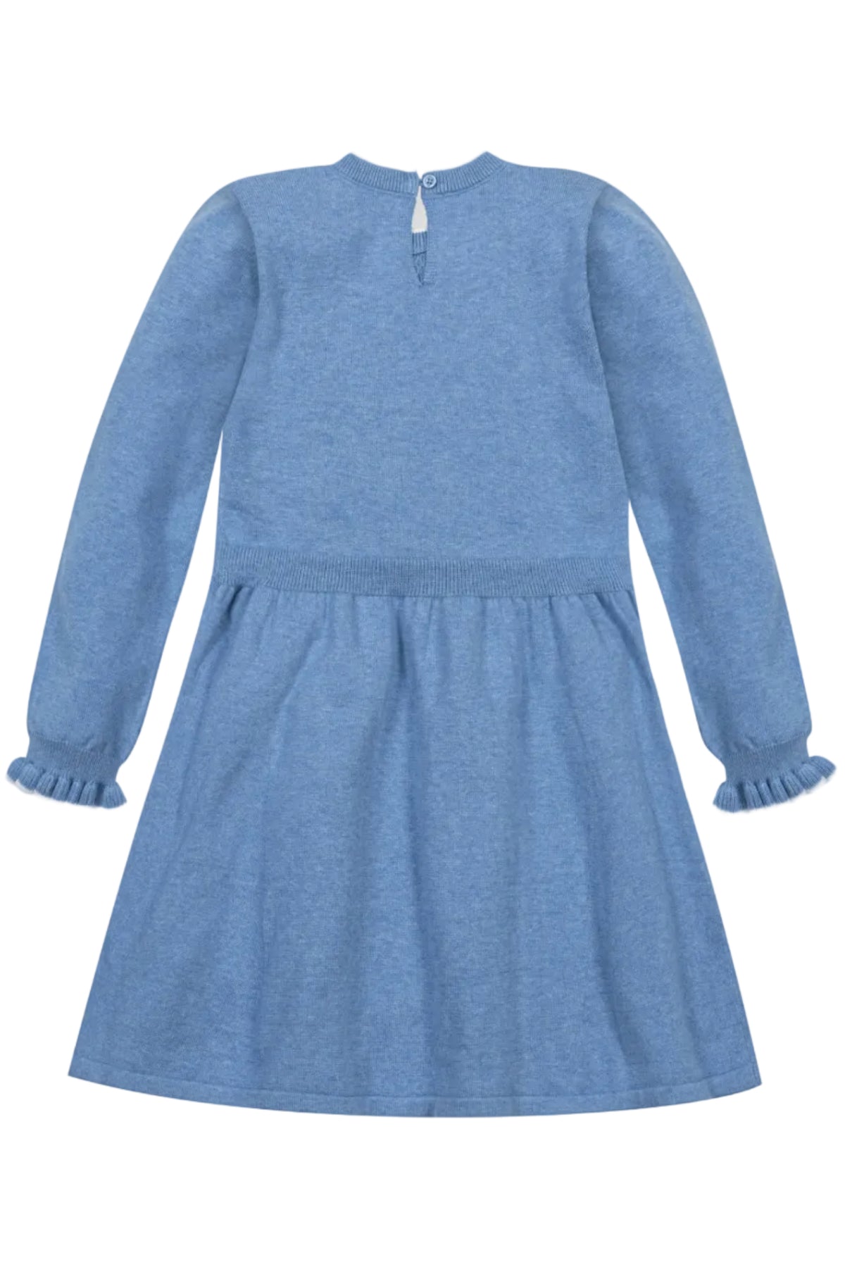 Back view of a medium blue organic cotton sweater dress featuring long sleeves, ruffle cuffs, and a keyhole closure at the back.