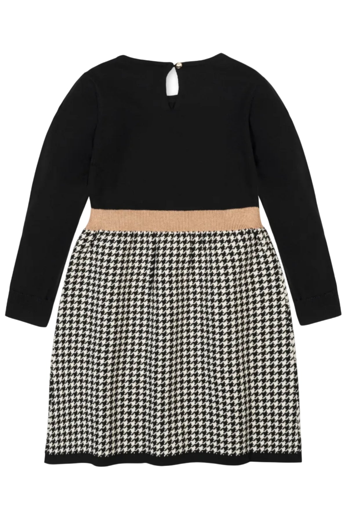 Back view of an organic cotton toddler skater sweater dress featuring a solid black bodice and a black houndstooth patterned skirt.