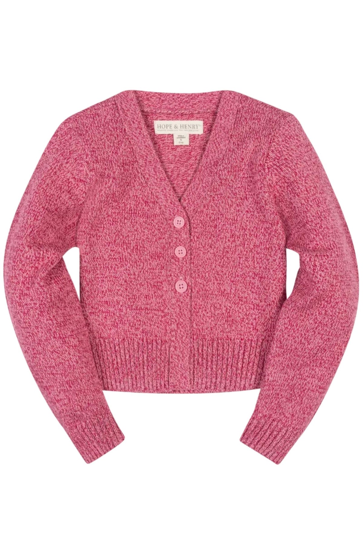Vivid pink organic cotton V-neck cardigan featuring a textured knit design and three buttons down the front. Ideal for toddlers and girls, it offers soft, breathable comfort for everyday wear.
