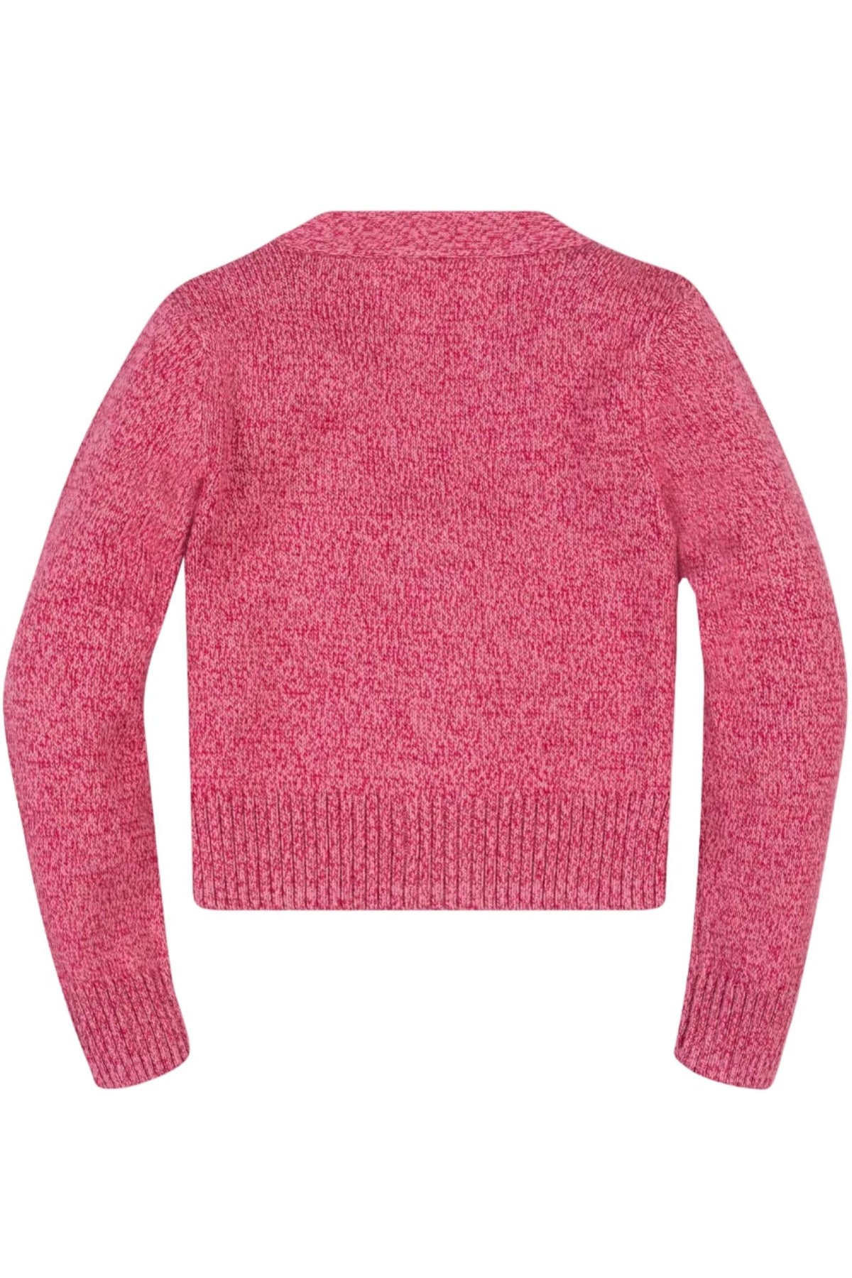 Back view of a vibrant pink organic cotton V-neck cardigan, featuring a textured knit design. Ideal for toddlers and girls, it offers breathable warmth and a stylish layering option.