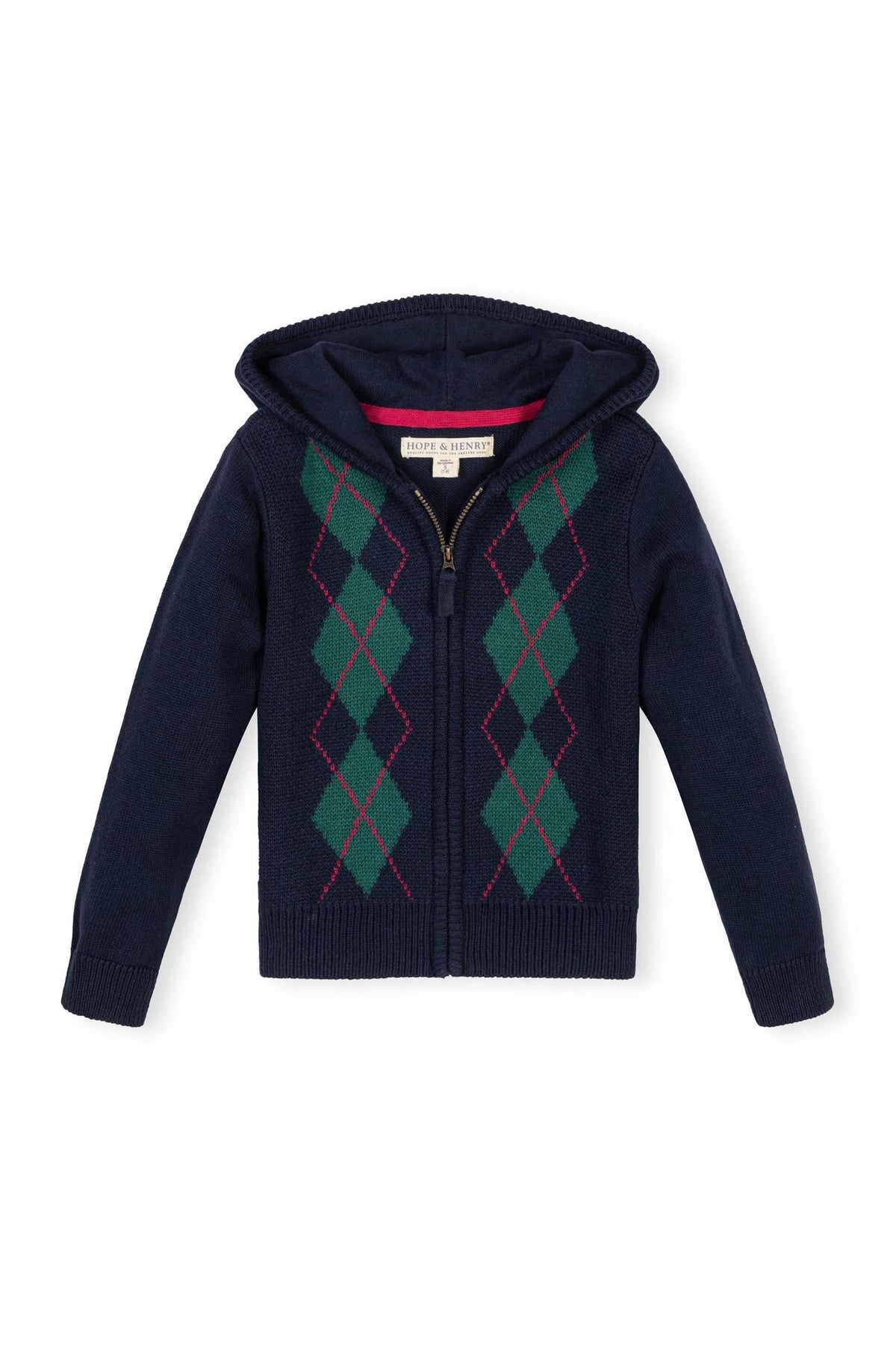 A navy zip-up hoodie features a classic argyle pattern in green and red. Made from 100% organic cotton, it’s perfect for toddlers and girls seeking comfort and style.