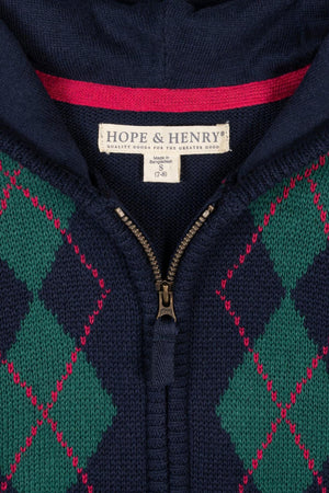 Navy organic full zip hoodie sweater by Hope & Henry features a classic argyle pattern in green and red. Crafted from 100% GOTS certified organic cotton for comfort and sustainability.