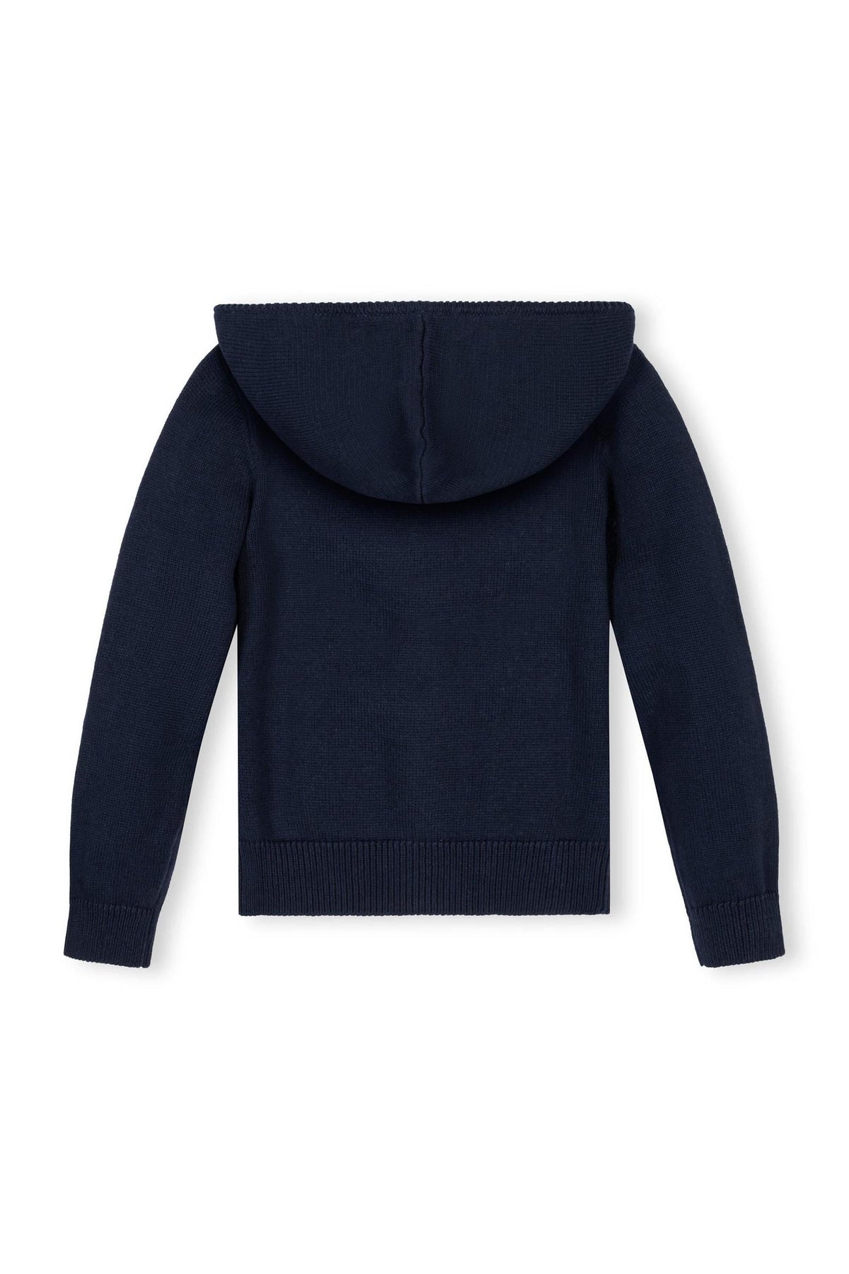 Back view of a navy organic cotton full zip hoodie sweater, featuring a snug hood and ribbed cuffs, perfect for toddlers and girls. Ideal for comfort and everyday wear.