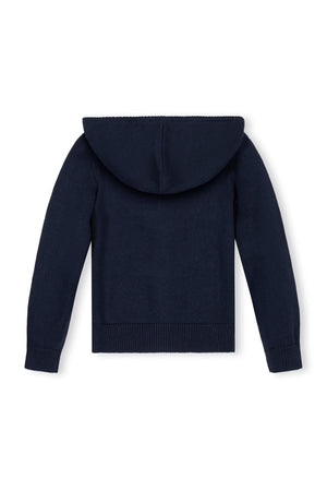 Back view of a navy organic cotton full zip hoodie sweater, featuring a snug hood and ribbed cuffs, perfect for toddlers and girls. Ideal for comfort and everyday wear.