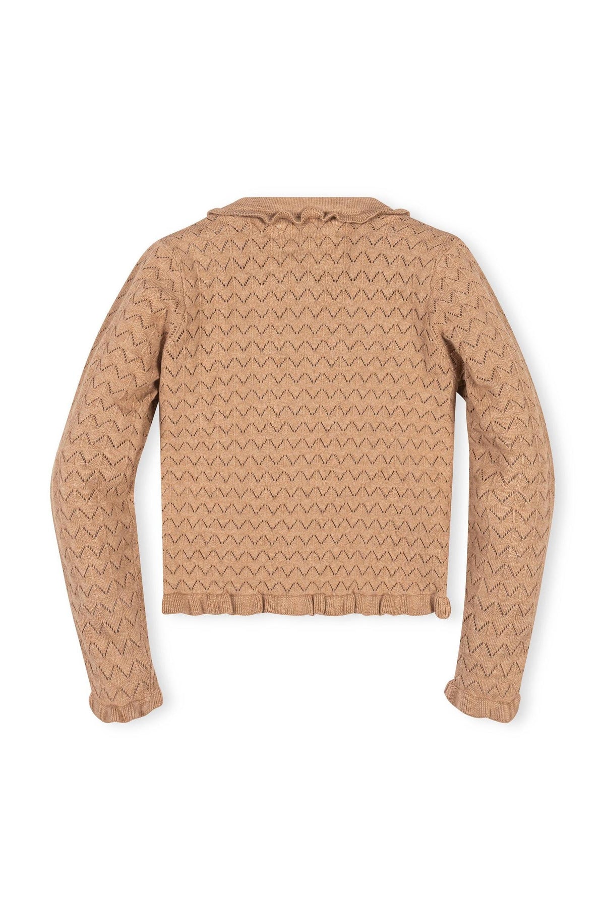 Back view of a soft, light brown pointelle knit cardigan featuring a ruffle trim, designed for toddlers and girls. Crafted from 100% organic cotton for comfort and sustainability.