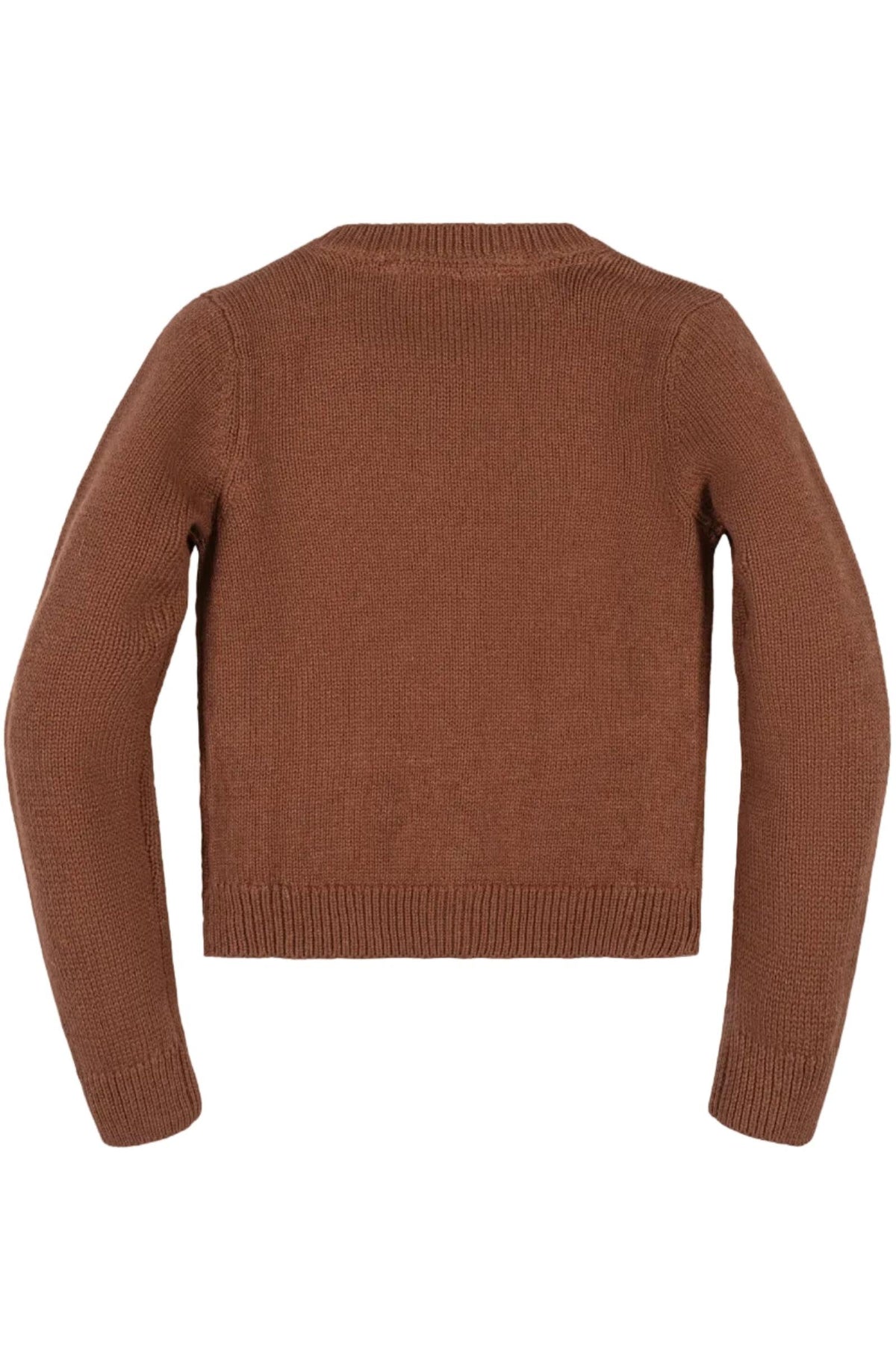 Back view of a warm cinnamon-colored cardigan made from 100% organic cotton, featuring long sleeves and a cozy knit texture, ideal for toddlers and girls.