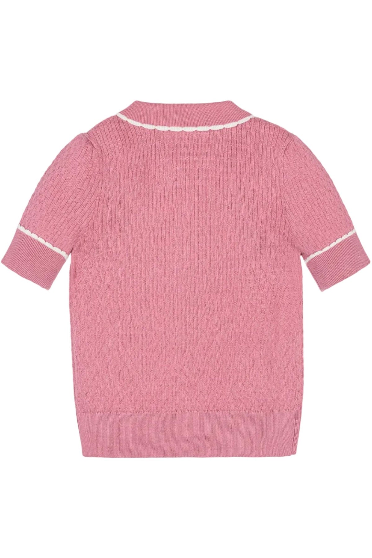 Back view of a pink organic cotton sweater polo featuring a textured knit, short puffed sleeves, and a knit peter pan collar with white tipping, designed for sustainable childrens fashion.