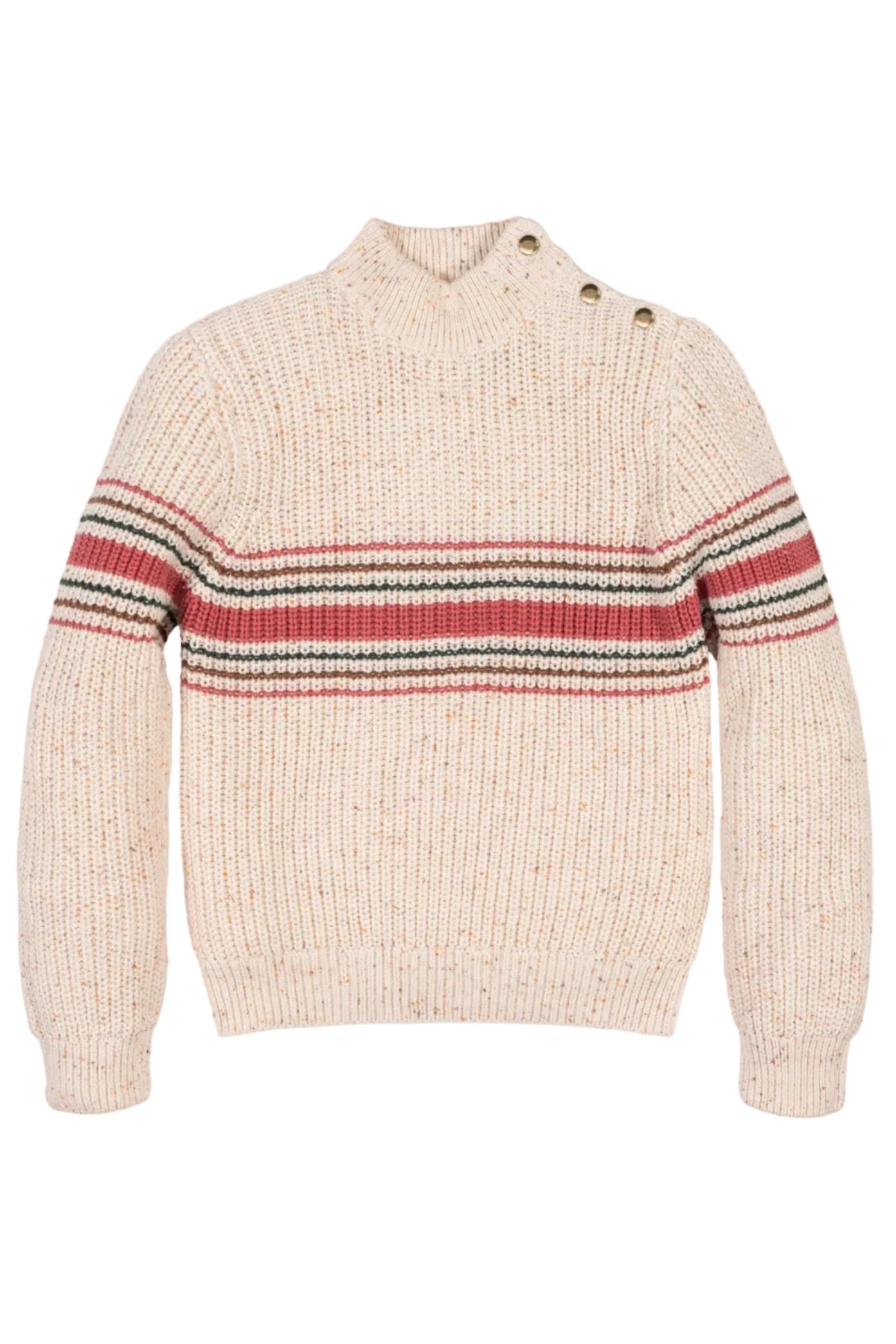 Ivory mock neck sweater featuring a textured knit and bold horizontal stripes in red and brown. Made from soft, sustainable organic cotton, it’s ideal for toddlers and kids.
