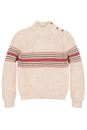 Ivory mock neck sweater featuring a textured knit and bold horizontal stripes in red and brown. Made from soft, sustainable organic cotton, it’s ideal for toddlers and kids.