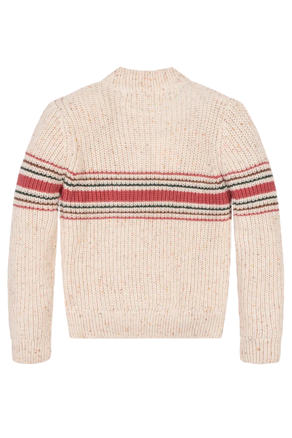 Back view of a cozy, cream-colored sweater featuring textured knit and bold, horizontal stripes in red and brown. This organic cotton piece is perfect for toddlers and kids.