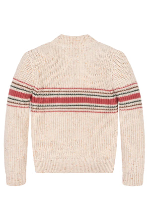 Back view of a cozy, cream-colored sweater featuring textured knit and bold, horizontal stripes in red and brown. This organic cotton piece is perfect for toddlers and kids.