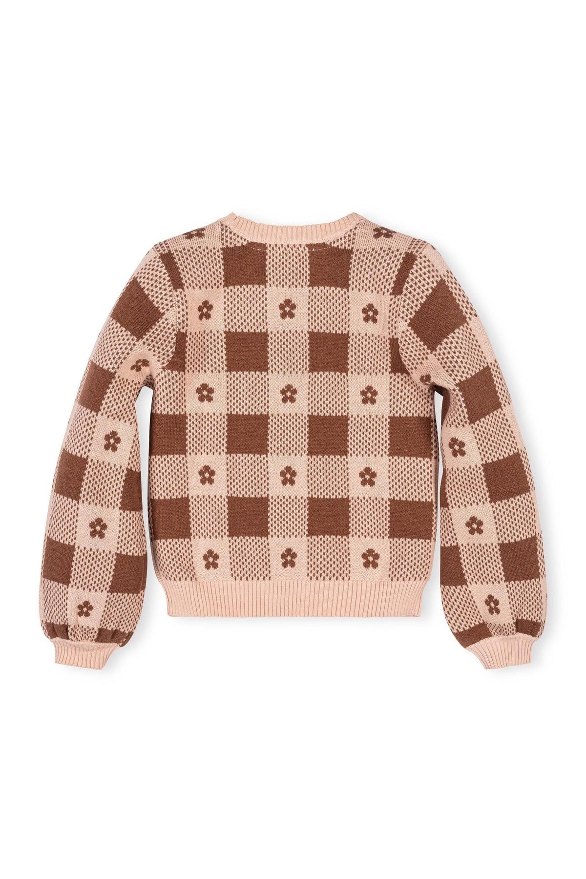 Back view of a cozy sweater featuring a checkered intarsia pattern in warm cinnamon and soft beige hues, made from 100% organic cotton, suitable for toddlers and girls.